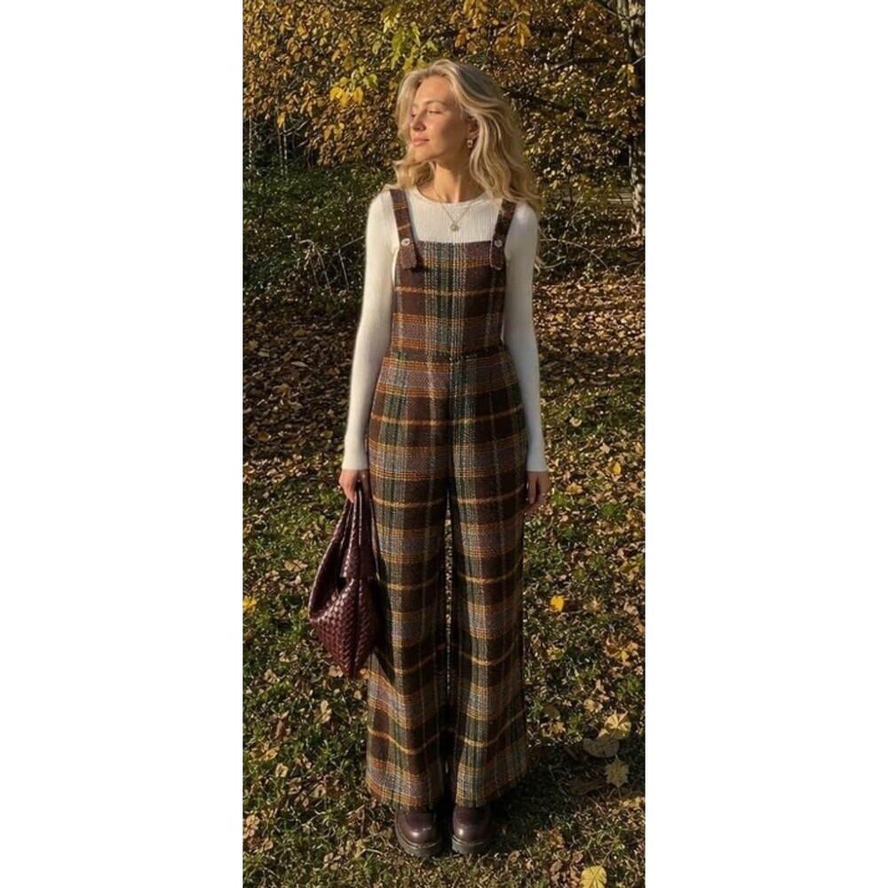 CIDER Brown Tweed Plaid Wide-Leg Bib Jumpsuit Overalls Romper XL Clueless Pocket